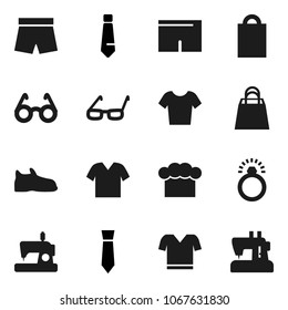 Flat vector icon set - cook hat vector, glasses, tie, snickers, shorts, t shirt, shopping bag, diamond ring, clothes, sewing machine