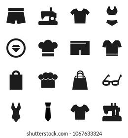 Flat vector icon set - cook hat vector, glasses, tie, shorts, swimsuit, t shirt, shopping bag, diamond ring, clothes, sewing machine
