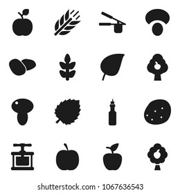 Flat vector icon set - cook press vector, mushroom, potato, oil, apple fruit, leaf, diet, cereals, tree