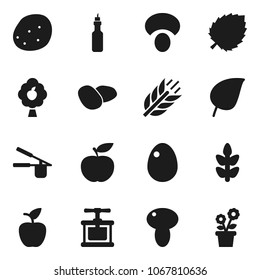 Flat vector icon set - cook press vector, egg, mushroom, potato, oil, apple fruit, leaf, diet, cereals, tree, flower in pot