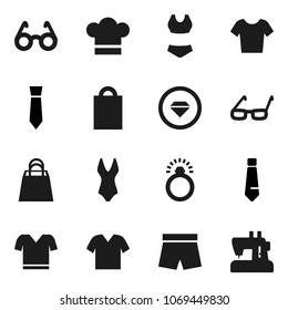 Flat vector icon set - cook hat vector, glasses, tie, shorts, swimsuite, t shirt, shopping bag, diamond ring, clothes, sewing machine