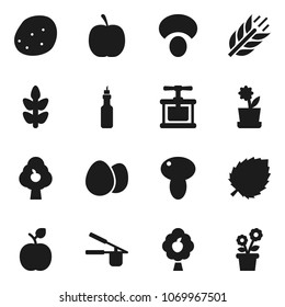 Flat vector icon set - cook press vector, egg, mushroom, potato, oil, apple fruit, leaf, diet, cereals, tree, flower in pot