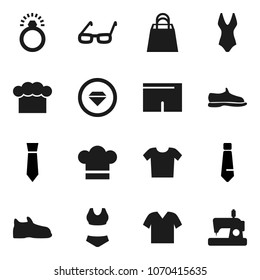 Flat vector icon set - cook hat vector, glasses, tie, snickers, shorts, swimsuite, shopping bag, diamond ring, clothes, sewing machine