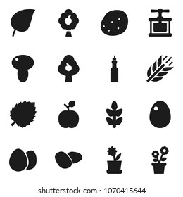 Flat vector icon set - cook press vector, egg, mushroom, potato, oil, apple fruit, leaf, cereals, tree, flower in pot