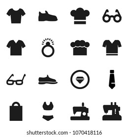 Flat vector icon set - cook hat vector, glasses, tie, snickers, swimsuite, t shirt, shopping bag, diamond ring, clothes, sewing machine
