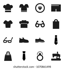 Flat vector icon set - cook hat vector, glasses, tie, snickers, shorts, t shirt, shopping bag, diamond ring, sewing machine