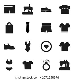 Flat vector icon set - cook hat vector, tie, snickers, shorts, swimsuite, t shirt, shopping bag, diamond ring, clothes, sewing machine