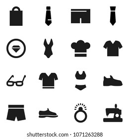 Flat vector icon set - cook hat vector, glasses, tie, snickers, shorts, swimsuite, t shirt, shopping bag, diamond ring, clothes, sewing machine