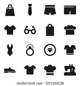 Flat vector icon set - cook hat vector, glasses, tie, snickers, shorts, swimsuite, t shirt, shopping bag, diamond ring, clothes, sewing machine