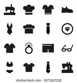 Flat vector icon set - cook hat vector, glasses, tie, snickers, shorts, swimsuite, t shirt, diamond ring, clothes, sewing machine