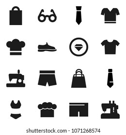 Flat vector icon set - cook hat vector, glasses, tie, snickers, shorts, swimsuite, t shirt, shopping bag, diamond ring, clothes, sewing machine