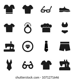 Flat vector icon set - cook hat vector, glasses, tie, snickers, shorts, swimsuite, t shirt, diamond ring, clothes, sewing machine