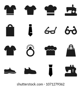 Flat vector icon set - cook hat vector, glasses, tie, snickers, t shirt, shopping bag, diamond ring, clothes, sewing machine