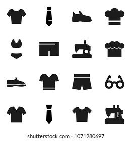 Flat vector icon set - cook hat vector, glasses, tie, snickers, shorts, swimsuite, t shirt, clothes, sewing machine