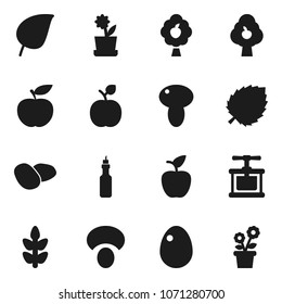 Flat vector icon set - cook press vector, egg, mushroom, potato, oil, apple fruit, leaf, diet, cereals, tree, flower in pot