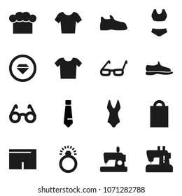Flat vector icon set - cook hat vector, glasses, tie, snickers, shorts, swimsuite, t shirt, shopping bag, diamond ring, clothes, sewing machine