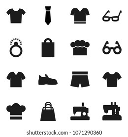 Flat vector icon set - cook hat vector, glasses, tie, snickers, shorts, t shirt, shopping bag, diamond ring, clothes, sewing machine