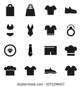 Flat vector icon set - cook hat vector, tie, snickers, shorts, swimsuite, t shirt, shopping bag, diamond ring, clothes