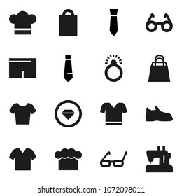 Flat vector icon set - cook hat vector, glasses, tie, snickers, shorts, t shirt, shopping bag, diamond ring, clothes, sewing machine