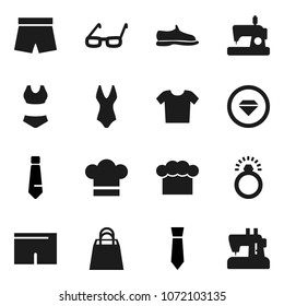 Flat vector icon set - cook hat vector, glasses, tie, snickers, shorts, swimsuite, shopping bag, diamond ring, clothes, sewing machine