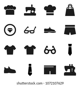 Flat vector icon set - cook hat vector, glasses, tie, snickers, shorts, t shirt, shopping bag, diamond ring, clothes, sewing machine