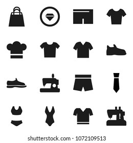 Flat vector icon set - cook hat vector, tie, snickers, shorts, swimsuite, t shirt, shopping bag, diamond ring, clothes, sewing machine