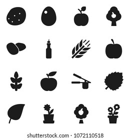 Flat vector icon set - cook press vector, egg, potato, oil, apple fruit, leaf, diet, cereals, tree, flower in pot