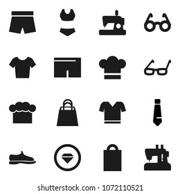 Flat vector icon set - cook hat vector, glasses, tie, snickers, shorts, swimsuite, t shirt, shopping bag, diamond ring, sewing machine