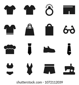 Flat vector icon set - cook hat vector, glasses, tie, snickers, shorts, swimsuite, t shirt, shopping bag, diamond ring, clothes, sewing machine