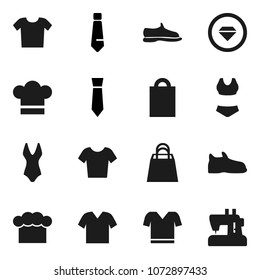 Flat vector icon set - cook hat vector, tie, snickers, swimsuite, t shirt, shopping bag, diamond ring, clothes, sewing machine
