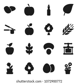Flat vector icon set - cook press vector, egg, mushroom, potato, oil, apple fruit, leaf, diet, cereals, tree, flower in pot