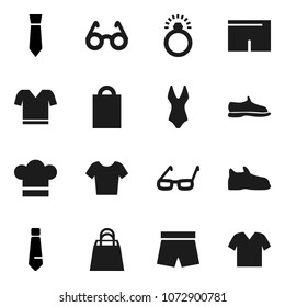 Flat vector icon set - cook hat vector, glasses, tie, snickers, shorts, swimsuite, t shirt, shopping bag, diamond ring, clothes