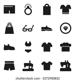 Flat vector icon set - cook hat vector, glasses, snickers, shorts, swimsuite, t shirt, shopping bag, diamond ring, clothes, sewing machine
