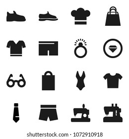 Flat vector icon set - cook hat vector, glasses, tie, snickers, shorts, swimsuite, t shirt, shopping bag, diamond ring, clothes, sewing machine