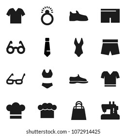 Flat vector icon set - cook hat vector, glasses, tie, snickers, shorts, swimsuite, t shirt, shopping bag, diamond ring, clothes, sewing machine