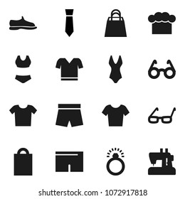 Flat vector icon set - cook hat vector, glasses, tie, snickers, shorts, swimsuite, t shirt, shopping bag, diamond ring, clothes, sewing machine