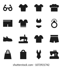 Flat vector icon set - cook hat vector, glasses, snickers, shorts, swimsuite, t shirt, shopping bag, diamond ring, clothes, sewing machine