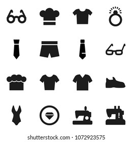 Flat vector icon set - cook hat vector, glasses, tie, snickers, shorts, swimsuite, t shirt, diamond ring, clothes, sewing machine