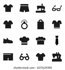 Flat vector icon set - cook hat vector, glasses, tie, snickers, shorts, t shirt, shopping bag, diamond ring, clothes, sewing machine