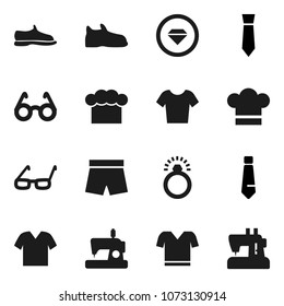 Flat vector icon set - cook hat vector, glasses, tie, snickers, shorts, t shirt, diamond ring, clothes, sewing machine