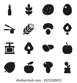 Flat vector icon set - cook press vector, egg, mushroom, potato, oil, leaf, diet, cereals, fruit tree, flower in pot