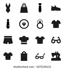 Flat vector icon set - cook hat vector, glasses, tie, snickers, shorts, swimsuite, t shirt, shopping bag, diamond ring, clothes, sewing machine