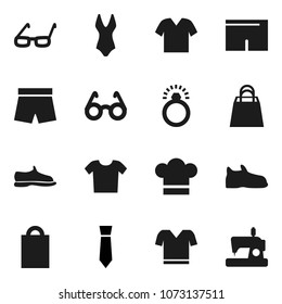 Flat vector icon set - cook hat vector, glasses, tie, snickers, shorts, swimsuite, t shirt, shopping bag, diamond ring, clothes, sewing machine