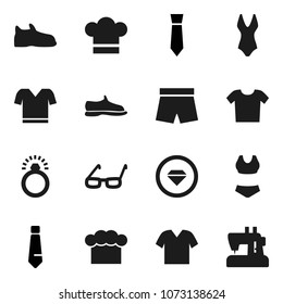 Flat vector icon set - cook hat vector, glasses, tie, snickers, shorts, swimsuite, t shirt, diamond ring, clothes, sewing machine