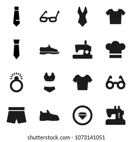 Flat vector icon set - cook hat vector, glasses, tie, snickers, shorts, swimsuite, t shirt, diamond ring, clothes, sewing machine