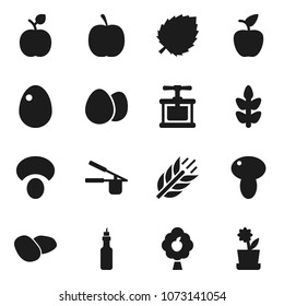 Flat vector icon set - cook press vector, egg, mushroom, potato, oil, apple fruit, leaf, diet, cereals, tree, flower in pot