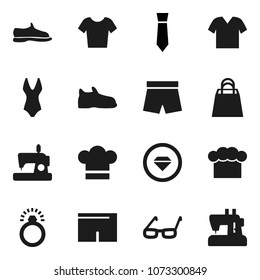 Flat vector icon set - cook hat vector, glasses, tie, snickers, shorts, swimsuite, t shirt, shopping bag, diamond ring, clothes, sewing machine