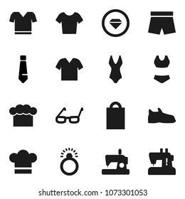 Flat vector icon set - cook hat vector, glasses, tie, snickers, shorts, swimsuite, t shirt, shopping bag, diamond ring, clothes, sewing machine