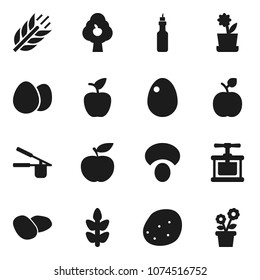 Flat vector icon set - cook press vector, egg, mushroom, potato, oil, apple fruit, diet, cereals, tree, flower in pot