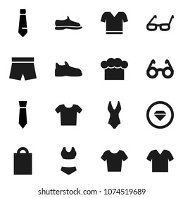 Flat vector icon set - cook hat vector, glasses, tie, snickers, shorts, swimsuite, t shirt, shopping bag, diamond ring, clothes